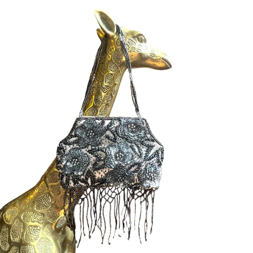 Vintage 90s Grey Silver Beaded Sequin Clutch Bag - Picture 1 of 8